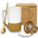Gencywe Ceramics Large Tea Cup with Loose Leaf Infuser, Spoon and Lid, 16 oz Tall Coffee Mug, Microwave and Dishwasher Safe, Rustic Matte Ceramic Glaze, Tea Strainer, Amber