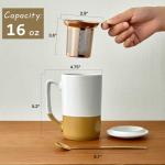 Gencywe Ceramics Large Tea Cup with Loose Leaf Infuser, Spoon and Lid, 16 oz Tall Coffee Mug, Microwave and Dishwasher Safe, Rustic Matte Ceramic Glaze, Tea Strainer, Amber
