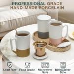 Gencywe Ceramics Large Tea Cup with Loose Leaf Infuser, Spoon and Lid, 16 oz Tall Coffee Mug, Microwave and Dishwasher Safe, Rustic Matte Ceramic Glaze, Tea Strainer, Amber