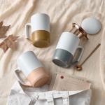 Gencywe Ceramics Large Tea Cup with Loose Leaf Infuser, Spoon and Lid, 16 oz Tall Coffee Mug, Microwave and Dishwasher Safe, Rustic Matte Ceramic Glaze, Tea Strainer, Amber