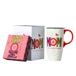 Bloom Valley Coffee Ceramic Mug Mother's Day Mug Porcelain Latte Tea Cup With Lid 17oz. MOM
