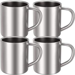 Cunhill 4 Set 10oz/300ml Stainless Steel Coffee Mug with Handle Metal Double Walled Cups Camping Mug Dishwasher Safe Tea Cups for Home Camping Travel Outdoors RV Keep Drinks Hot