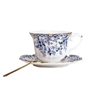 Vintage Floral Porcelain Tea Cup and Saucer Set with Spoon, Gold Trim, 6.4 oz – Set of 1, Blue – Tea & Espresso & Coffee Cups (1, China Flower)