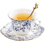 Harahiko Country Roses Porcelain Tea Cup and Saucer Set with Gold Trim, 3 Pieces, Vintage Style, For Women and Tea Parties (1, Cyan)