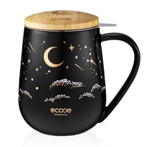ecooe Tea Infuser Mug 20.3oz Ceramic Tea Cup with Removable Stainless Steel Infuser and Lid, 600ml Tea Mug for Loose Leaf Tea Coffee Milk, Gifts for Women Parents Friends Office Home (Black)