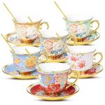 COXTOBRH Tea Cups and Saucers Sets of 6, 8 Oz Floral Tea Cups with Spoons Ceramic Cup and Saucer Set for Cappuccino, Espresso, Coffee, Cafe, Latte, Tea for Tea Birthday