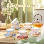 COXTOBRH Tea Cups and Saucers Sets of 6, 8 Oz Floral Tea Cups with Spoons Ceramic Cup and Saucer Set for Cappuccino, Espresso, Coffee, Cafe, Latte, Tea for Tea Birthday