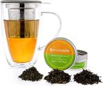 Kitchen Kite Glass Tea Cup with Stainless Steel Infuser and Lid - Microwave & Dishwasher Safe, 16oz Double Wall Tea Infuser Mug with Blooming, Loose Leaf Tea Sampler, Gift Set for Tea Lovers