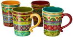 Tunisian Sunset 18 oz. Ceramic Mugs, Set of 4 – Multicolor Boho Coffee & Tea Cups with Bold Folk Art Patterns, Microwave & Dishwasher Safe, Eclectic Kitchen Gift Set for Beverage Lovers