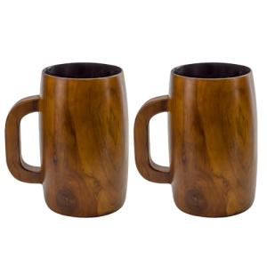 Darware Teak Wood Coffee Mugs (Set of 2); Wooden Beer Stein Retro 16 Fluid Ounce Cups