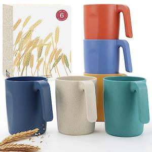 Wrova 16oz Wheat Straw Cups with handles set of 6-Plastic Cups Reusable-Unbreakable Kids Mugs-Dishwasher Safe & Microwave Safe-Ideal Plastic Mugs for Tea,Coffee,Camping,RV-Vibrant Color