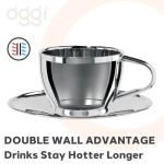 Oggi Insulated Coffee Cups 6oz - Saucer Included - Dual Wall Stainless Steel Technology Coffee or Tea Cup with Elegant Mirror Finish