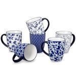 vancasso SELENE Large Coffee Mugs Set of 6, 16 Oz Porcelain Coffee Cups with Handle, Ceramic Tea Cup for Cappuccino, Latte, Tea, Cocoa, Dishwasher & Microwave Safe Gift Sets, Vintage Blue