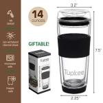 Tupkee Double Wall Glass Tumbler - 14-Ounce, All Glass Reusable Insulated Tea/Coffee Mug & Lid, Hand Blown Glass Travel Mug - Black