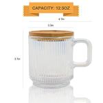 Lysenn Clear Glass Coffee Mug with Lid - Premium Classical Vertical Stripes Glass Tea Cup - for |Latte|Tea|Chocolate|Juice|Water| - Unleaded - Bamboo Lid - 12.5 Ounces