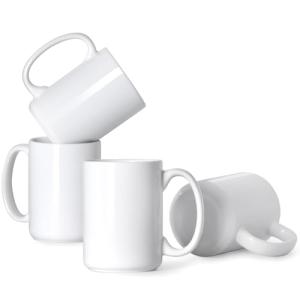 Smilatte 16 OZ Porcelain Coffee Mugs, Classic Blank Ceramic Cup with Large Handle for Tea Latte Cappuccino, Set of 4, White