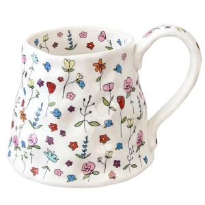 Large Ceramic Coffee Mug Cute Flower with Handmade Big Handle, 20oz Girly Pink Floral Tea Cup for Women Valentine Gift, Novelty Irregular Oversized Christmas Mugs for Latte Tea Milk Cocoa