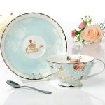 AWHOME Teacup and Saucer and Spoon Sets Vintage Royal Bone China Tea Cups Rose Flower Blue Boxed Set 7-Oz