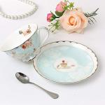 AWHOME Teacup and Saucer and Spoon Sets Vintage Royal Bone China Tea Cups Rose Flower Blue Boxed Set 7-Oz