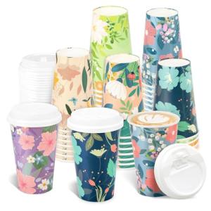 BYMIOYA Disposable Paper Cup 16 oz 48-piece Coffee Cups with Lids, 6 Spring Floral Design Drinking Paper Cups for Floral Themed Birthday Party Bridal, Wedding, Tea Party, Baby Shower