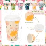 BYMIOYA Disposable Paper Cup 16 oz 48-piece Coffee Cups with Lids, 6 Spring Floral Design Drinking Paper Cups for Floral Themed Birthday Party Bridal, Wedding, Tea Party, Baby Shower