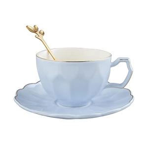 fanquare 7oz Blue Coffee Cup with Spoon, Elegant Single Porcelain Tea Cup with Saucer, British Women Tea Cup for Wedding, Birthday Gift