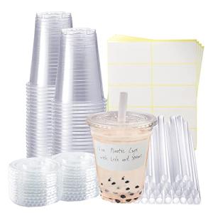 Xlong 50 Sets Clear Plastic Cups With Flat Lids,16oz Disposable Iced Coffee Cups with Straws and Stickers,Plastic Cups for Iced Coffee,Cold Drinks,Juice, Bubble Boba Tea,Smoothie, Milkshake