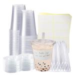 Xlong 50 Sets Clear Plastic Cups With Flat Lids,16oz Disposable Iced Coffee Cups with Straws and Stickers,Plastic Cups for Iced Coffee,Cold Drinks,Juice, Bubble Boba Tea,Smoothie, Milkshake
