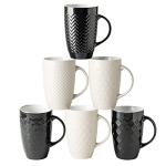AmorArc Large Coffee Mugs Set of 6, 16oz Ceramic Tall Coffee Mugs Set with Textured Geometric Patterns for Coffee/Tea/Beer/Hot Cocoa, Dishwasher & Microwave Safe, Black&Beige