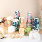 BYMIOYA Disposable Paper Cup 16 oz 48-piece Coffee Cups with Lids, 6 Spring Floral Design Drinking Paper Cups for Floral Themed Birthday Party Bridal, Wedding, Tea Party, Baby Shower