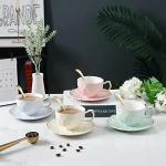 fanquare 7oz Blue Coffee Cup with Spoon, Elegant Single Porcelain Tea Cup with Saucer, British Women Tea Cup for Wedding, Birthday Gift