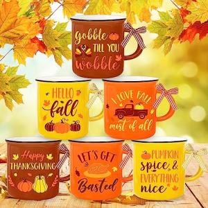 Whaline 6Pcs Fall Coffee Mugs Mini Thanksgiving Mugs with Plaid Ribbon Fall Tiered Tray Decor Pumpkin Turkey Maple Leaf Mini Drinking Mug Gifts for Thanksgiving Autumn Table Centerpieces