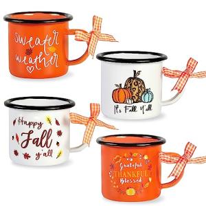 Quera 4 Pieces Fall Coffee Mini Mug White Orange Cup Thanksgiving Pumpkin Ceramic Mugs for Tiered Tray Decor Fall Centerpieces Party Decor, light and durable, Birthday Gift, 240 ml.​