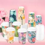BYMIOYA Disposable Paper Cup 16 oz 48-piece Coffee Cups with Lids, 6 Spring Floral Design Drinking Paper Cups for Floral Themed Birthday Party Bridal, Wedding, Tea Party, Baby Shower