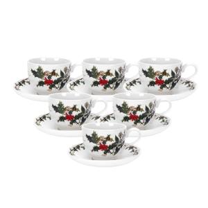Portmeirion Holly and Ivy 7 oz Holiday Teacup and Saucer Set (Set of 6) - Earthenware Holly Motif, Festive Tableware for Christmas Tea Parties, Elegant Seasonal Gifts - Dishwasher & Microwave Safe