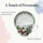 Portmeirion Holly and Ivy 7 oz Holiday Teacup and Saucer Set (Set of 6) - Earthenware Holly Motif, Festive Tableware for Christmas Tea Parties, Elegant Seasonal Gifts - Dishwasher & Microwave Safe