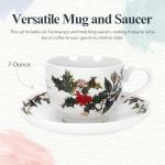 Portmeirion Holly and Ivy 7 oz Holiday Teacup and Saucer Set (Set of 6) - Earthenware Holly Motif, Festive Tableware for Christmas Tea Parties, Elegant Seasonal Gifts - Dishwasher & Microwave Safe