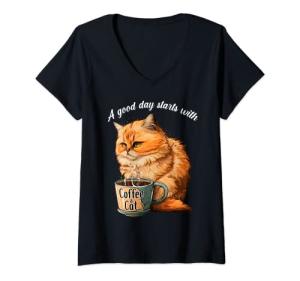 Womens Funny Orange Cat Coffee Mug Fluffy Cat Lover Girls Woman V-Neck T-Shirt