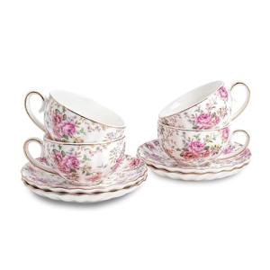 Agyiuns Tea Cup and Saucers, 6.4oz Floral Tea Cups with Gold Trim, Porcelain Teacup, Coffee Cappuccino Espresso Latte Mugs for Party Birthday,Party Cafe Home, Christmas Gift (White)