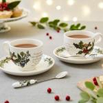 Portmeirion Holly and Ivy 7 oz Holiday Teacup and Saucer Set (Set of 6) - Earthenware Holly Motif, Festive Tableware for Christmas Tea Parties, Elegant Seasonal Gifts - Dishwasher & Microwave Safe