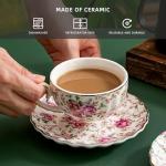 Agyiuns Tea Cup and Saucers, 6.4oz Floral Tea Cups with Gold Trim, Porcelain Teacup, Coffee Cappuccino Espresso Latte Mugs for Party Birthday,Party Cafe Home, Christmas Gift (White)