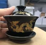 YBK Tech Porcelain Kung Fu Tea Cup and Saucer with Lid, Chinese Traditional Gaiwan Sancai Tea Bowl Tea Set Dragon Pattern (Black)