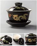 YBK Tech Porcelain Kung Fu Tea Cup and Saucer with Lid, Chinese Traditional Gaiwan Sancai Tea Bowl Tea Set Dragon Pattern (Black)