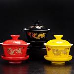 YBK Tech Porcelain Kung Fu Tea Cup and Saucer with Lid, Chinese Traditional Gaiwan Sancai Tea Bowl Tea Set Dragon Pattern (Black)
