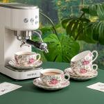 Agyiuns Tea Cup and Saucers, 6.4oz Floral Tea Cups with Gold Trim, Porcelain Teacup, Coffee Cappuccino Espresso Latte Mugs for Party Birthday,Party Cafe Home, Christmas Gift (White)