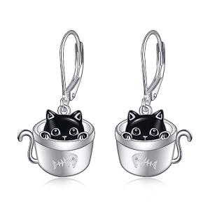 SHEAISRS Black Cat Earrings for Women 925 Sterling Silver Teacup Cat Earrings Dangle Cute Animal Leverback Earrings Jewelry for Women