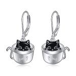 SHEAISRS Black Cat Earrings for Women 925 Sterling Silver Teacup Cat Earrings Dangle Cute Animal Leverback Earrings Jewelry for Women