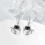 SHEAISRS Black Cat Earrings for Women 925 Sterling Silver Teacup Cat Earrings Dangle Cute Animal Leverback Earrings Jewelry for Women