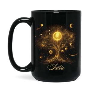 Personalized Coffee Mug With Cosmic Tree, Glowing Celestial Design Cup, Customized Nature Inspired Black Ceramic Cup, Gift For Friends, Custom Name Celestial Themed Mug 11oz 15oz