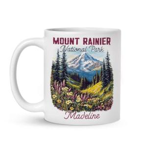 Mount Rainier Ceramic Cup 11oz 15oz, Customized National Park Coffee Mug, Custom Scenic Wildflower Design Cup, Nature Inspired Mug, Personalized Name Mount Rainier White Cup